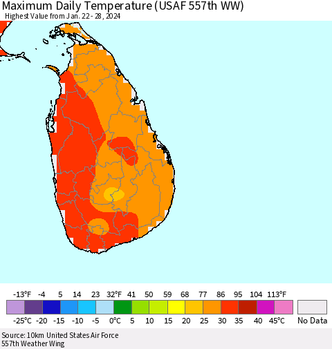 Sri Lanka Maximum Daily Temperature (USAF 557th WW) Thematic Map For 1/22/2024 - 1/28/2024