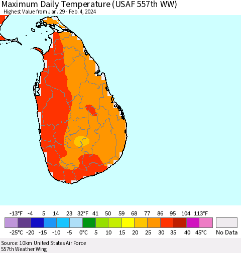 Sri Lanka Maximum Daily Temperature (USAF 557th WW) Thematic Map For 1/29/2024 - 2/4/2024