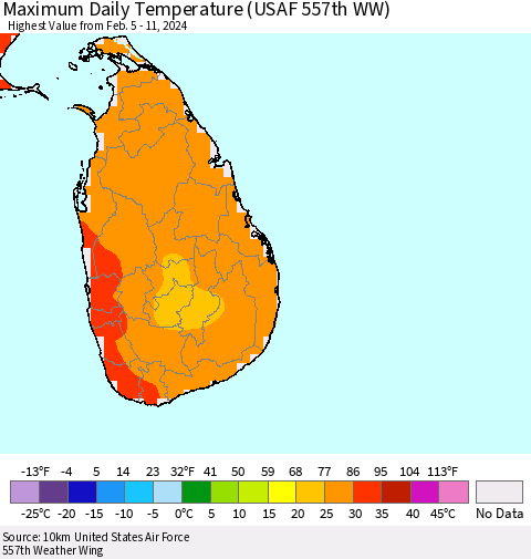 Sri Lanka Maximum Daily Temperature (USAF 557th WW) Thematic Map For 2/5/2024 - 2/11/2024