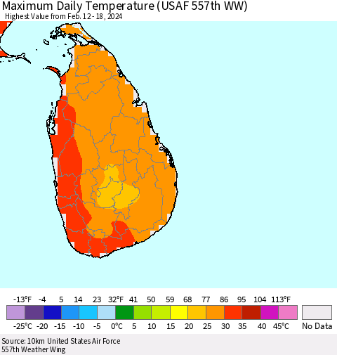 Sri Lanka Maximum Daily Temperature (USAF 557th WW) Thematic Map For 2/12/2024 - 2/18/2024