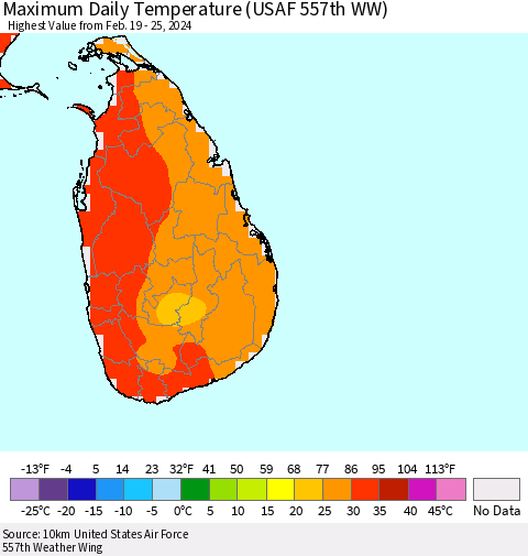 Sri Lanka Maximum Daily Temperature (USAF 557th WW) Thematic Map For 2/19/2024 - 2/25/2024