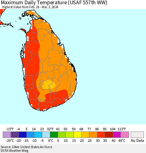 Sri Lanka Maximum Daily Temperature (USAF 557th WW) Thematic Map For 2/26/2024 - 3/3/2024