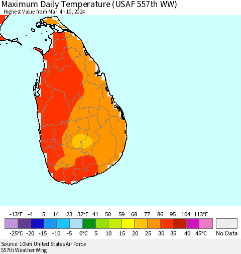 Sri Lanka Maximum Daily Temperature (USAF 557th WW) Thematic Map For 3/4/2024 - 3/10/2024