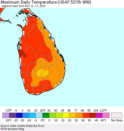 Sri Lanka Maximum Daily Temperature (USAF 557th WW) Thematic Map For 3/11/2024 - 3/17/2024
