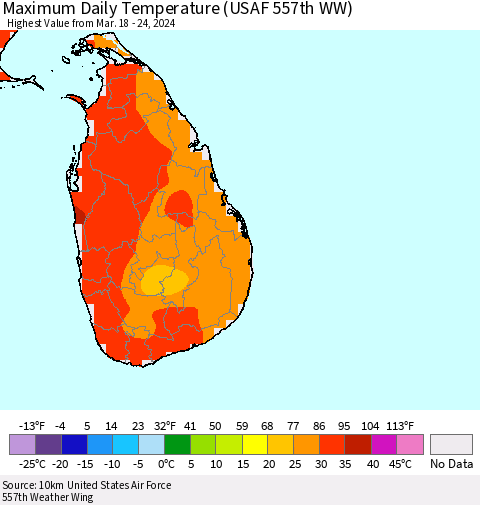 Sri Lanka Maximum Daily Temperature (USAF 557th WW) Thematic Map For 3/18/2024 - 3/24/2024