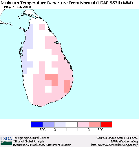 Sri Lanka Mean Minimum Temperature Departure from Normal (USAF 557th WW) Thematic Map For 5/7/2018 - 5/13/2018