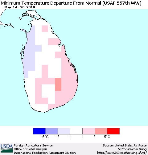 Sri Lanka Mean Minimum Temperature Departure from Normal (USAF 557th WW) Thematic Map For 5/14/2018 - 5/20/2018