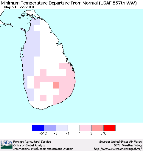 Sri Lanka Mean Minimum Temperature Departure from Normal (USAF 557th WW) Thematic Map For 5/21/2018 - 5/27/2018