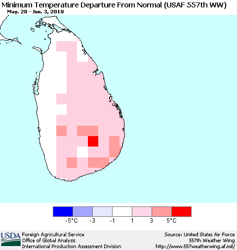 Sri Lanka Mean Minimum Temperature Departure from Normal (USAF 557th WW) Thematic Map For 5/28/2018 - 6/3/2018