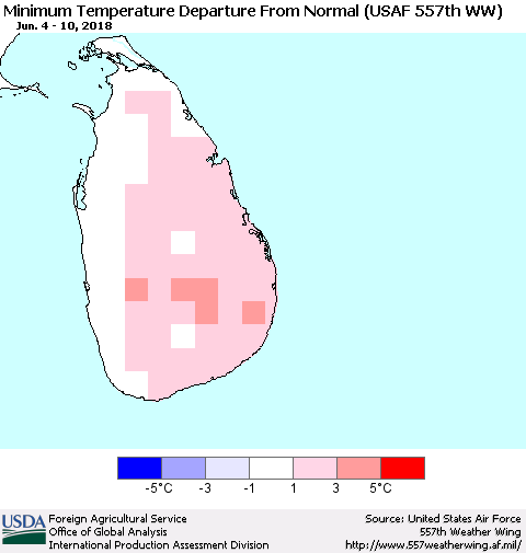 Sri Lanka Mean Minimum Temperature Departure from Normal (USAF 557th WW) Thematic Map For 6/4/2018 - 6/10/2018