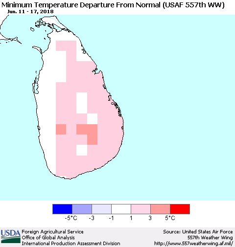 Sri Lanka Mean Minimum Temperature Departure from Normal (USAF 557th WW) Thematic Map For 6/11/2018 - 6/17/2018