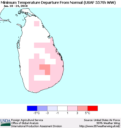 Sri Lanka Mean Minimum Temperature Departure from Normal (USAF 557th WW) Thematic Map For 6/18/2018 - 6/24/2018