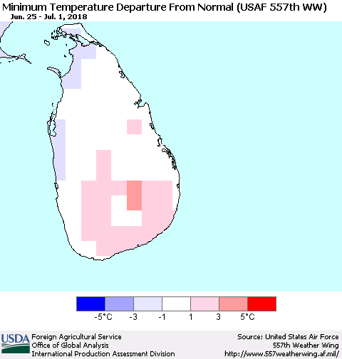 Sri Lanka Mean Minimum Temperature Departure from Normal (USAF 557th WW) Thematic Map For 6/25/2018 - 7/1/2018
