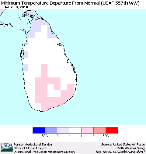 Sri Lanka Mean Minimum Temperature Departure from Normal (USAF 557th WW) Thematic Map For 7/2/2018 - 7/8/2018