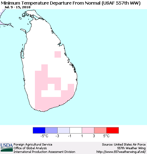 Sri Lanka Mean Minimum Temperature Departure from Normal (USAF 557th WW) Thematic Map For 7/9/2018 - 7/15/2018
