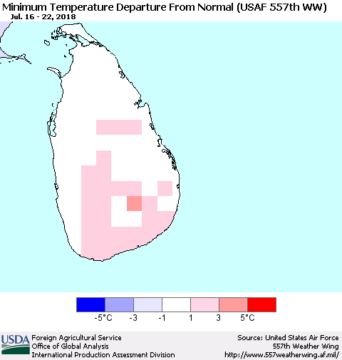 Sri Lanka Mean Minimum Temperature Departure from Normal (USAF 557th WW) Thematic Map For 7/16/2018 - 7/22/2018