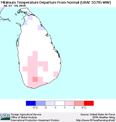 Sri Lanka Mean Minimum Temperature Departure from Normal (USAF 557th WW) Thematic Map For 7/23/2018 - 7/29/2018