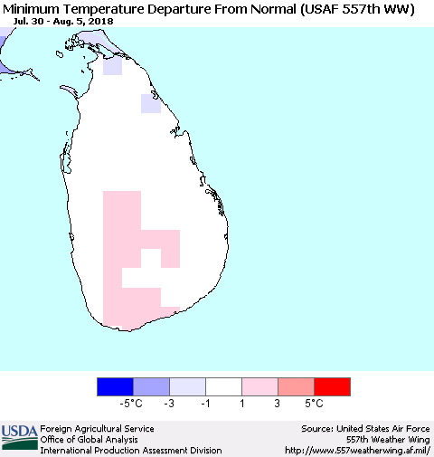 Sri Lanka Mean Minimum Temperature Departure from Normal (USAF 557th WW) Thematic Map For 7/30/2018 - 8/5/2018