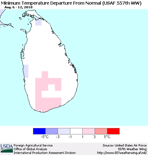 Sri Lanka Mean Minimum Temperature Departure from Normal (USAF 557th WW) Thematic Map For 8/6/2018 - 8/12/2018