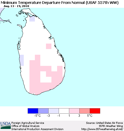 Sri Lanka Mean Minimum Temperature Departure from Normal (USAF 557th WW) Thematic Map For 8/13/2018 - 8/19/2018