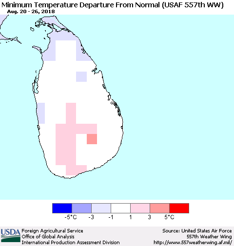 Sri Lanka Mean Minimum Temperature Departure from Normal (USAF 557th WW) Thematic Map For 8/20/2018 - 8/26/2018