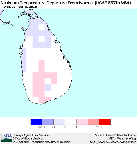 Sri Lanka Mean Minimum Temperature Departure from Normal (USAF 557th WW) Thematic Map For 8/27/2018 - 9/2/2018