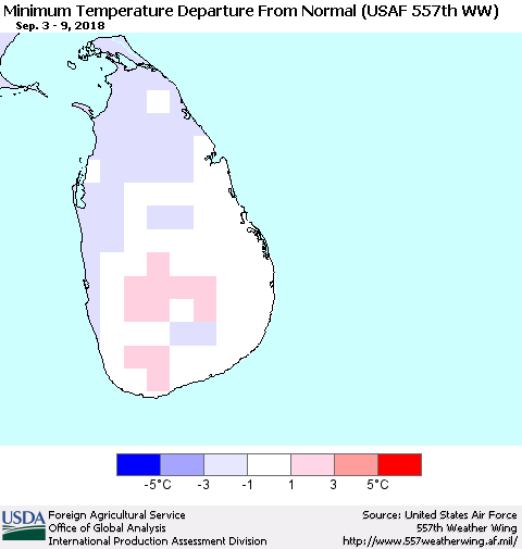 Sri Lanka Mean Minimum Temperature Departure from Normal (USAF 557th WW) Thematic Map For 9/3/2018 - 9/9/2018