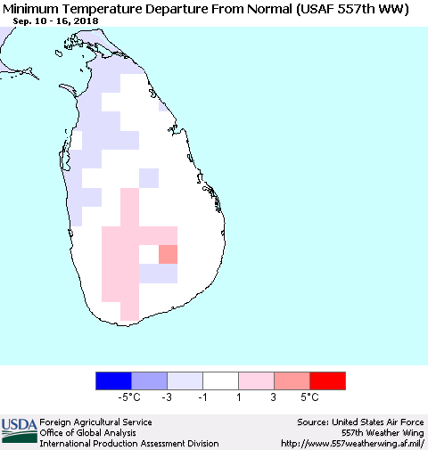 Sri Lanka Mean Minimum Temperature Departure from Normal (USAF 557th WW) Thematic Map For 9/10/2018 - 9/16/2018