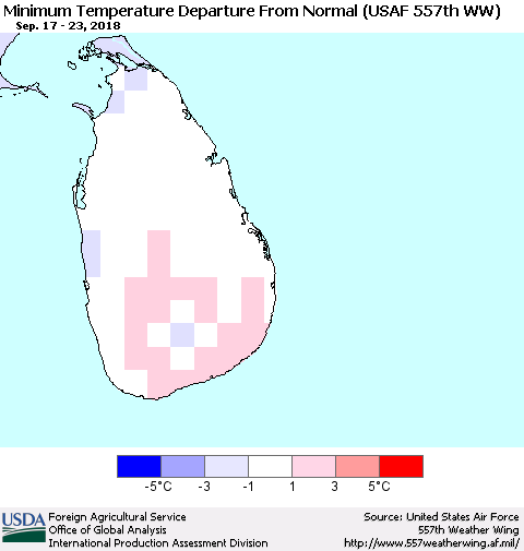 Sri Lanka Mean Minimum Temperature Departure from Normal (USAF 557th WW) Thematic Map For 9/17/2018 - 9/23/2018