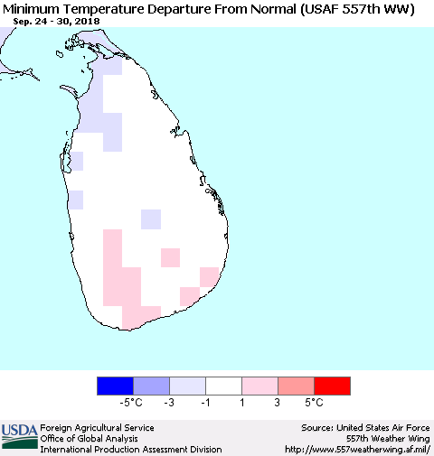 Sri Lanka Mean Minimum Temperature Departure from Normal (USAF 557th WW) Thematic Map For 9/24/2018 - 9/30/2018
