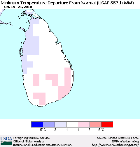 Sri Lanka Minimum Temperature Departure From Normal (USAF 557th WW) Thematic Map For 10/15/2018 - 10/21/2018