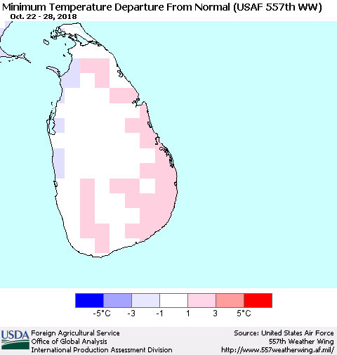 Sri Lanka Mean Minimum Temperature Departure from Normal (USAF 557th WW) Thematic Map For 10/22/2018 - 10/28/2018