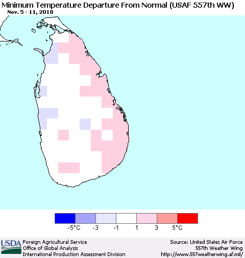 Sri Lanka Mean Minimum Temperature Departure from Normal (USAF 557th WW) Thematic Map For 11/5/2018 - 11/11/2018