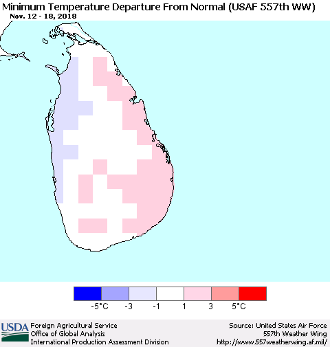 Sri Lanka Minimum Temperature Departure From Normal (USAF 557th WW) Thematic Map For 11/12/2018 - 11/18/2018