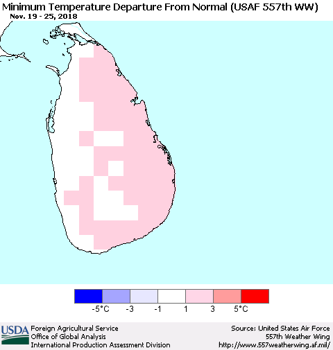 Sri Lanka Minimum Temperature Departure From Normal (USAF 557th WW) Thematic Map For 11/19/2018 - 11/25/2018