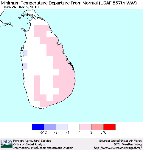 Sri Lanka Minimum Temperature Departure From Normal (USAF 557th WW) Thematic Map For 11/26/2018 - 12/2/2018