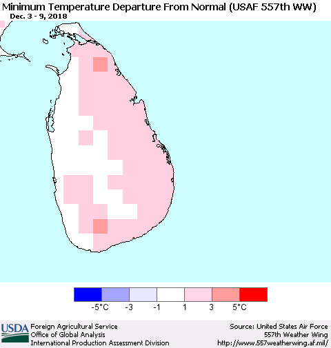 Sri Lanka Minimum Temperature Departure From Normal (USAF 557th WW) Thematic Map For 12/3/2018 - 12/9/2018