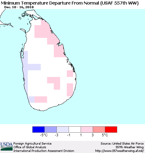 Sri Lanka Minimum Temperature Departure From Normal (USAF 557th WW) Thematic Map For 12/10/2018 - 12/16/2018