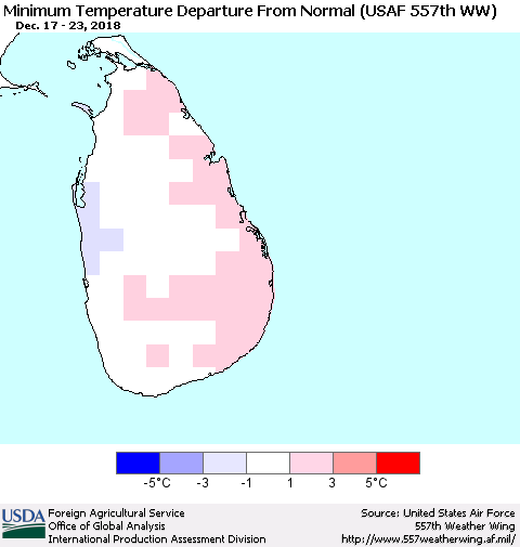 Sri Lanka Mean Minimum Temperature Departure from Normal (USAF 557th WW) Thematic Map For 12/17/2018 - 12/23/2018