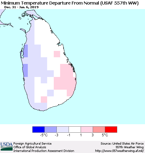 Sri Lanka Minimum Temperature Departure From Normal (USAF 557th WW) Thematic Map For 12/31/2018 - 1/6/2019