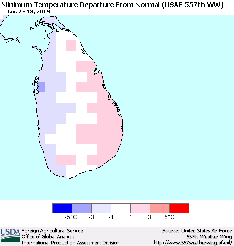 Sri Lanka Minimum Temperature Departure From Normal (USAF 557th WW) Thematic Map For 1/7/2019 - 1/13/2019