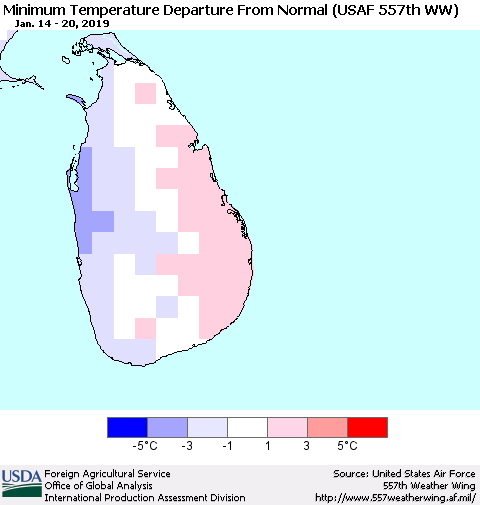 Sri Lanka Minimum Temperature Departure From Normal (USAF 557th WW) Thematic Map For 1/14/2019 - 1/20/2019