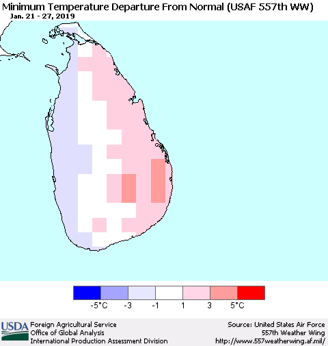 Sri Lanka Mean Minimum Temperature Departure from Normal (USAF 557th WW) Thematic Map For 1/21/2019 - 1/27/2019