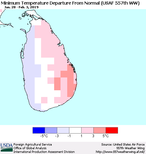 Sri Lanka Minimum Temperature Departure From Normal (USAF 557th WW) Thematic Map For 1/28/2019 - 2/3/2019