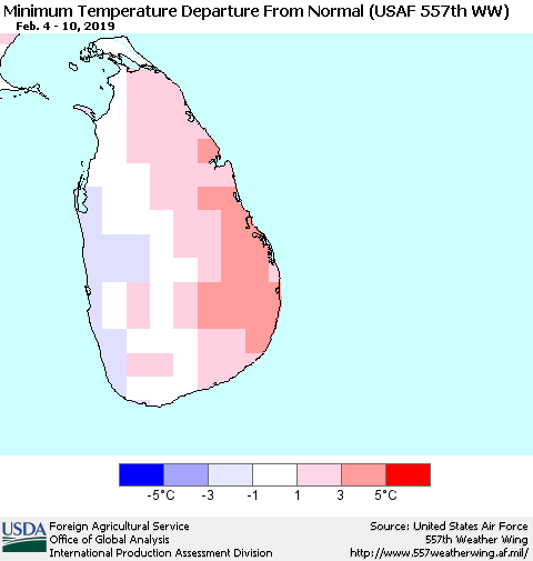 Sri Lanka Minimum Temperature Departure From Normal (USAF 557th WW) Thematic Map For 2/4/2019 - 2/10/2019