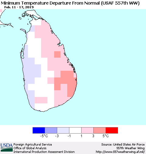 Sri Lanka Minimum Temperature Departure From Normal (USAF 557th WW) Thematic Map For 2/11/2019 - 2/17/2019