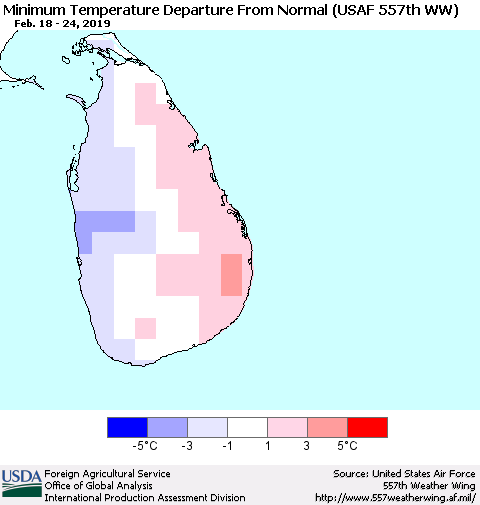 Sri Lanka Minimum Temperature Departure From Normal (USAF 557th WW) Thematic Map For 2/18/2019 - 2/24/2019