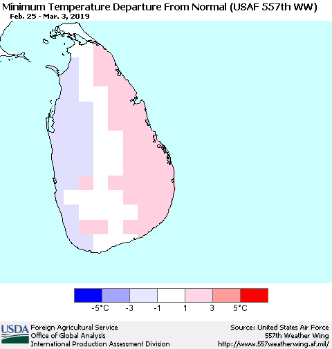 Sri Lanka Mean Minimum Temperature Departure from Normal (USAF 557th WW) Thematic Map For 2/25/2019 - 3/3/2019