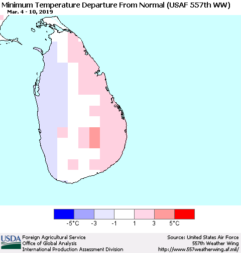 Sri Lanka Mean Minimum Temperature Departure from Normal (USAF 557th WW) Thematic Map For 3/4/2019 - 3/10/2019