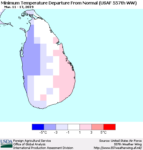 Sri Lanka Mean Minimum Temperature Departure from Normal (USAF 557th WW) Thematic Map For 3/11/2019 - 3/17/2019